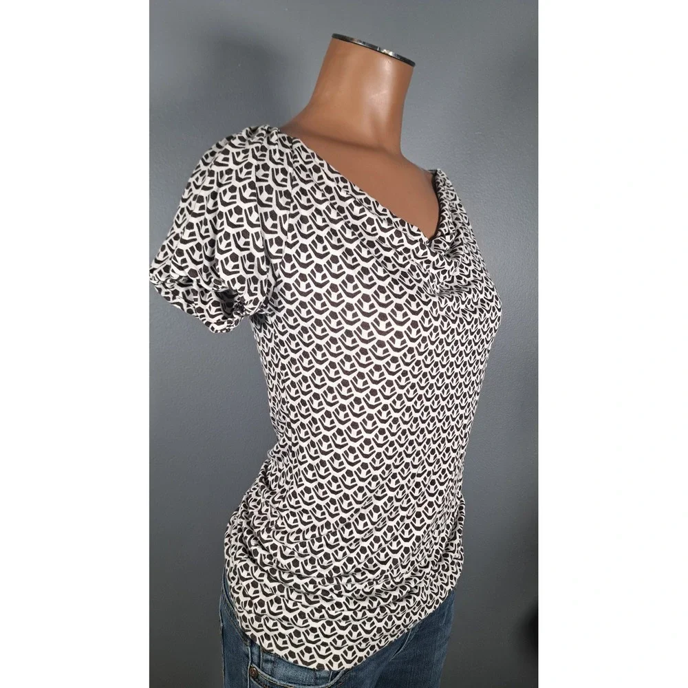 Banana Republic Y2K Brown White Geometric Cowl Neck Puff Sleeve‎ Shirt XS